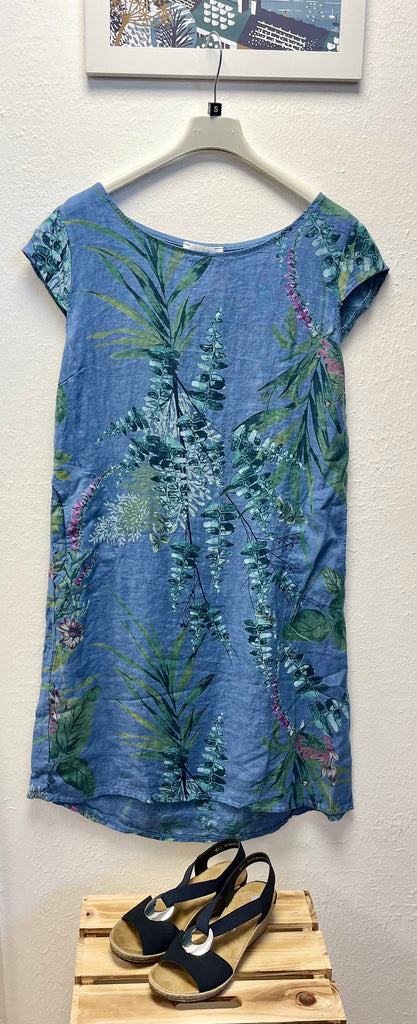 Tropical Print Linen Dress Denim