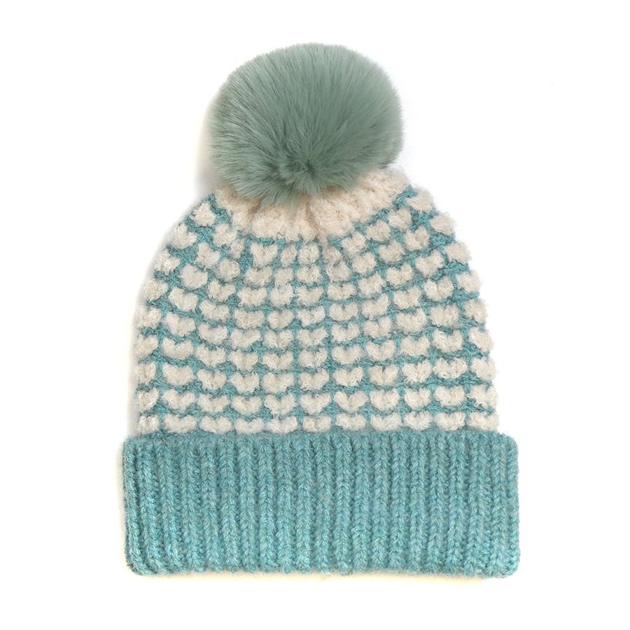 POM Duck Egg Heart Knit Hat with Matching Faux Fur Pom Pom 40415