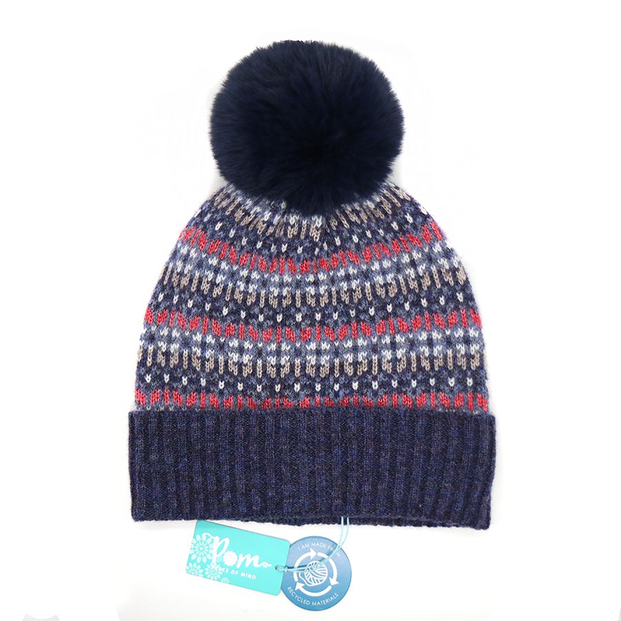 POM Denim Blue/Purple Mix Fair Isle knitted hat with Faux Fur Pom Pom 40426