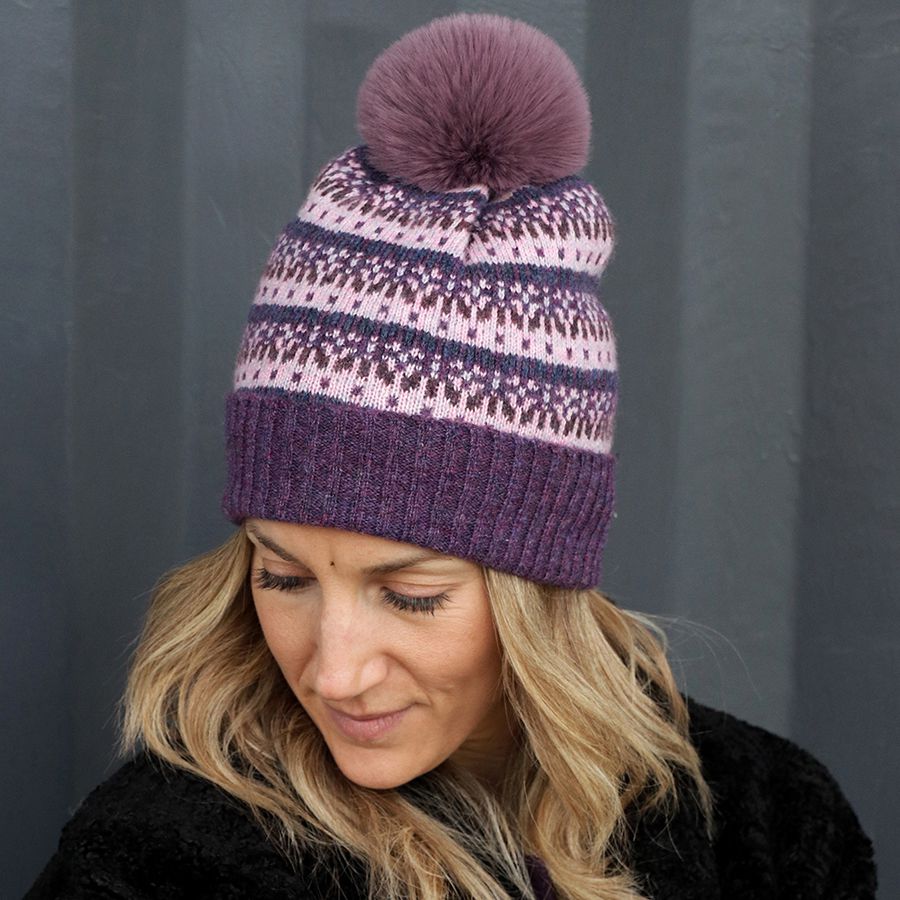 POM Pink /Purple Mix Fair Isle Knitted Hat with Faux Fur Pom Pom