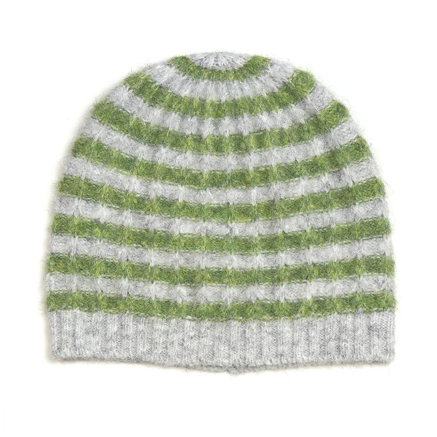 POM Green/Grey Striped Knitted Beanie Hat 40430