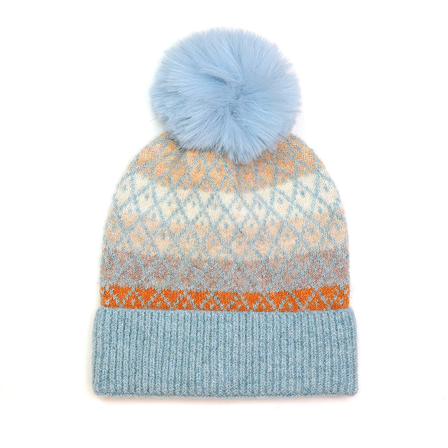 POM Blue/Rust Fair Isle Bobble Hat 40508