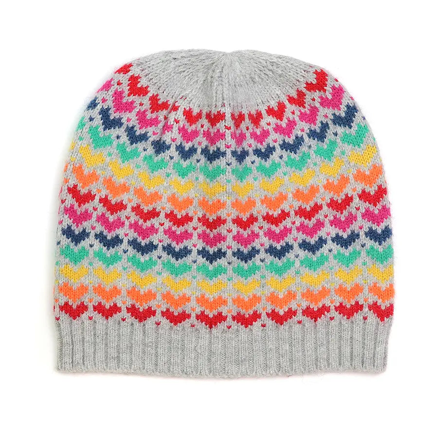 POM Rainbow Hearts/Grey Woll Blend Beanie Hat 40522