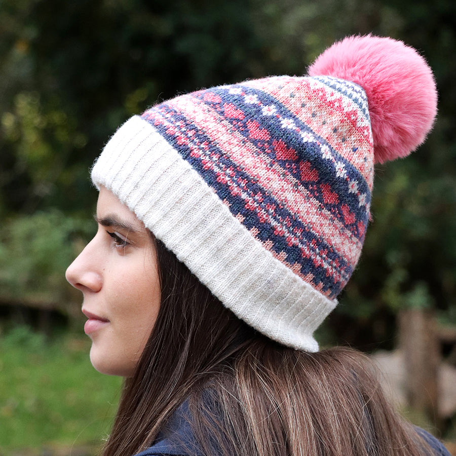 POM Cream/Denim/Coral Fair Isle Bobble Hat 40572