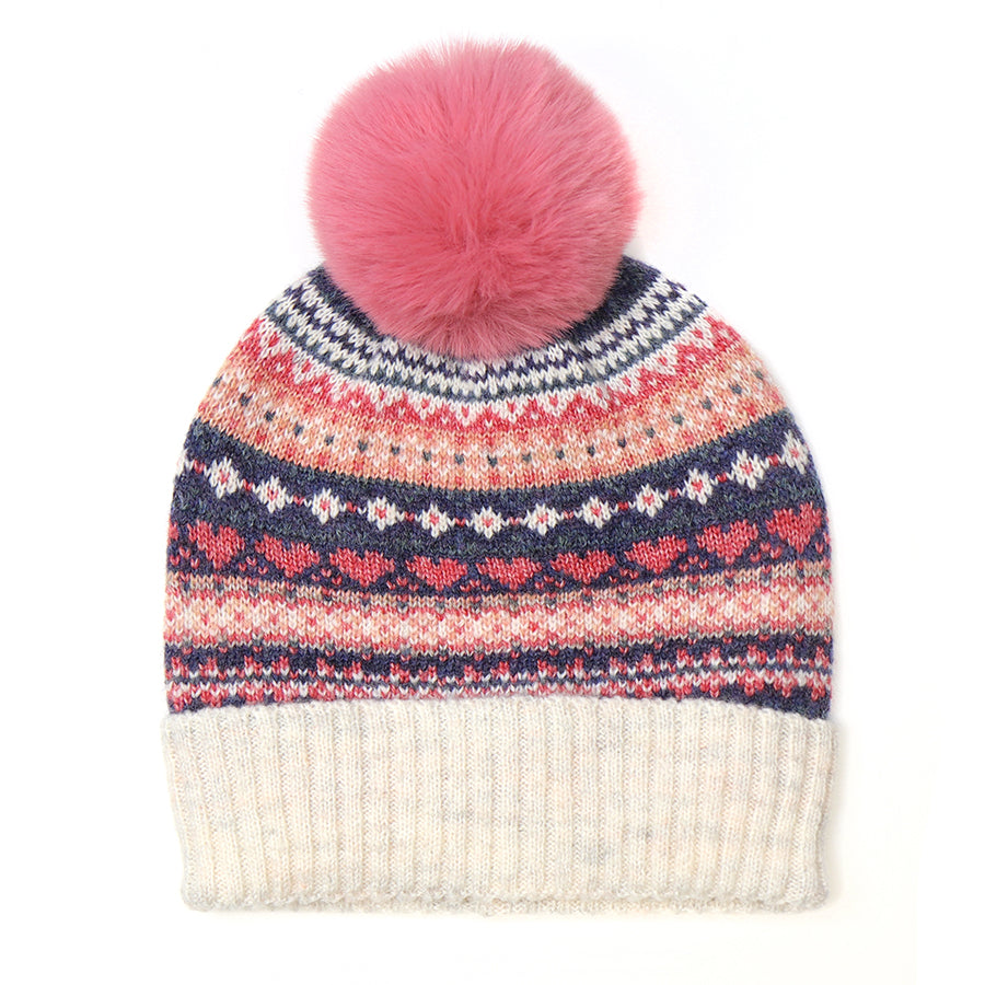 POM Cream/Denim/Coral Fair Isle Bobble Hat 40572