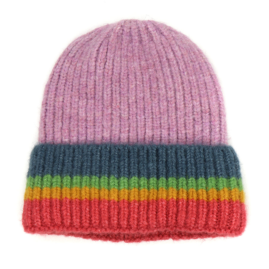 POM Lilac/Rainbow Striped Turn Up Knitted Winter Hat 40620