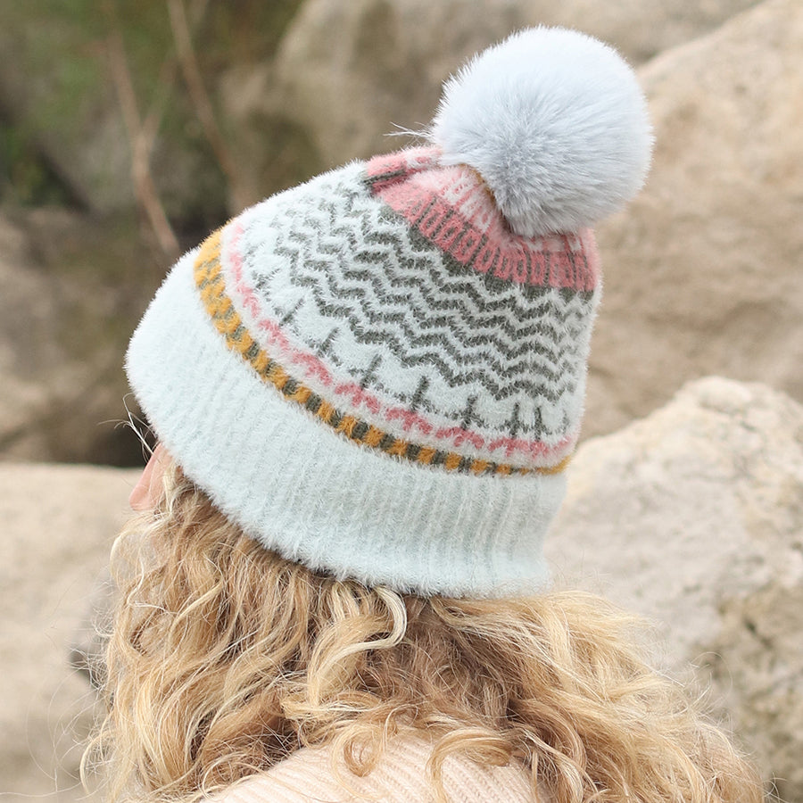 POM Pale blue mix multi knit bobble hat 40692