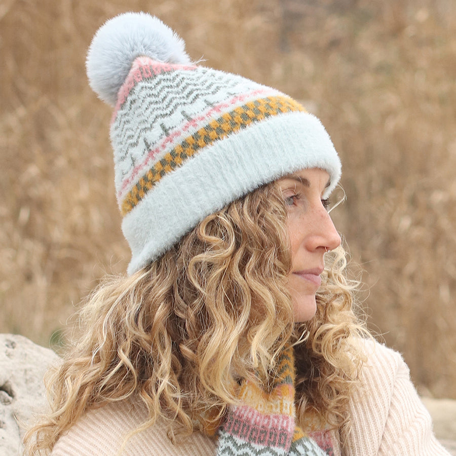 POM Pale blue mix multi knit bobble hat 40692