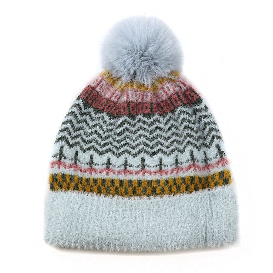 POM Pale blue mix multi knit bobble hat 40692