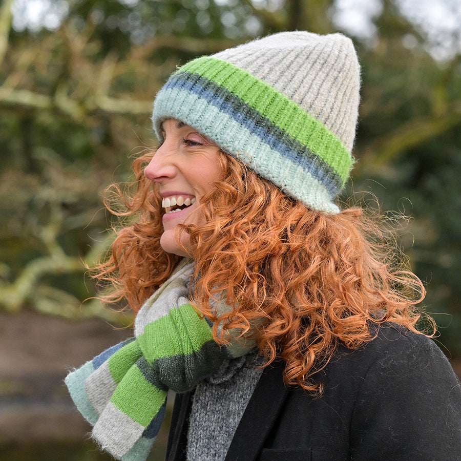 POM Grey, blue and green ribbed beanie hat 40709