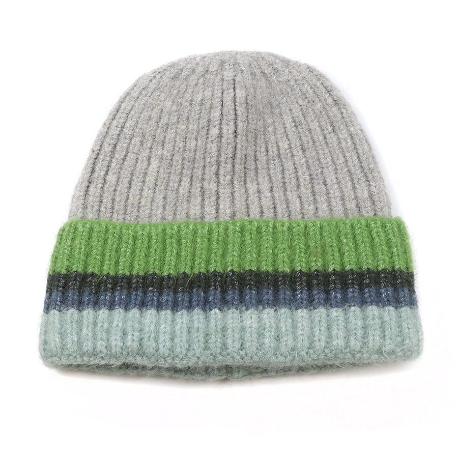 POM Grey, blue and green ribbed beanie hat 40709