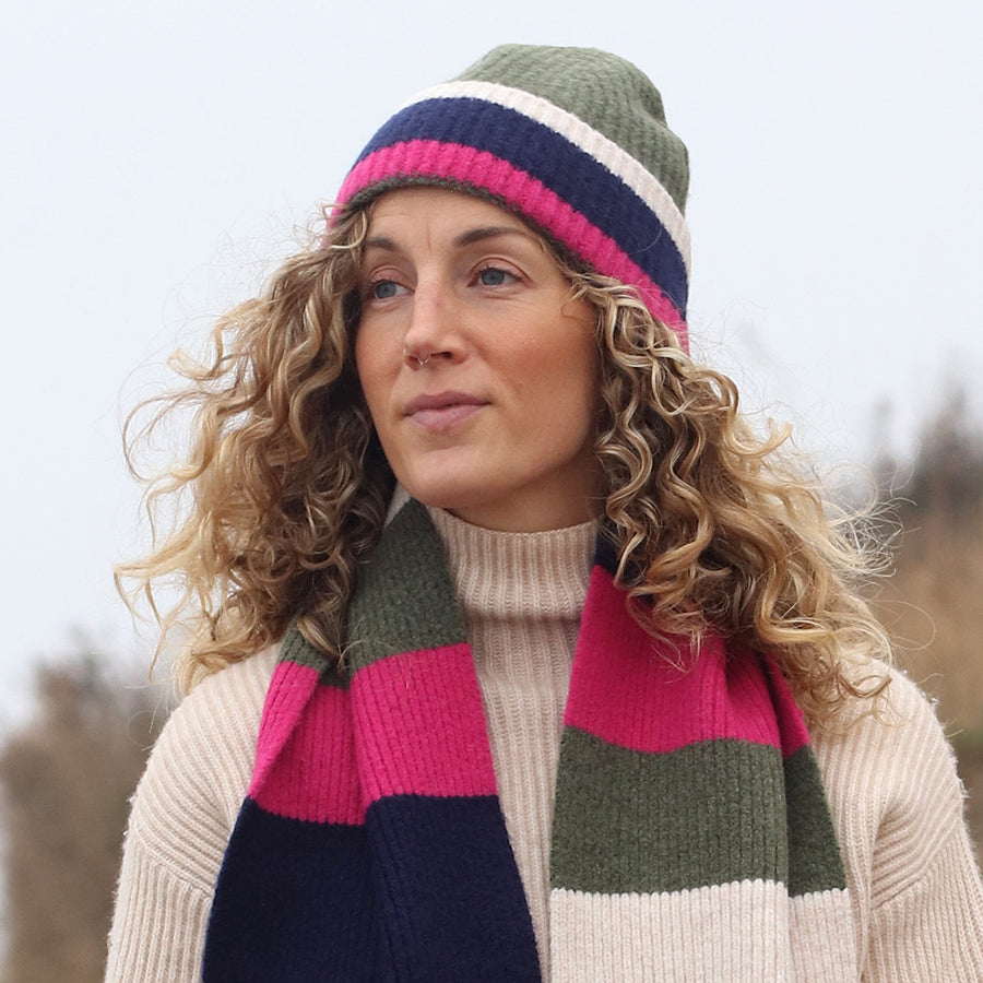 POM Green and pink mix ribbed beanie hat 40711