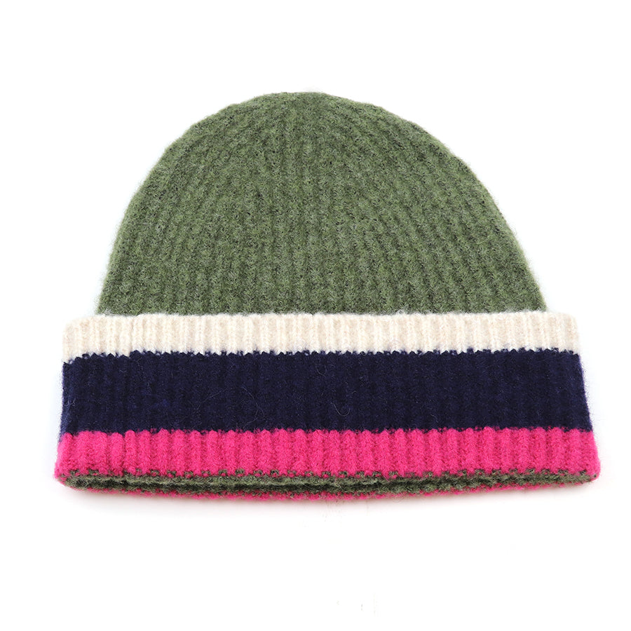 POM Green and pink mix ribbed beanie hat 40711