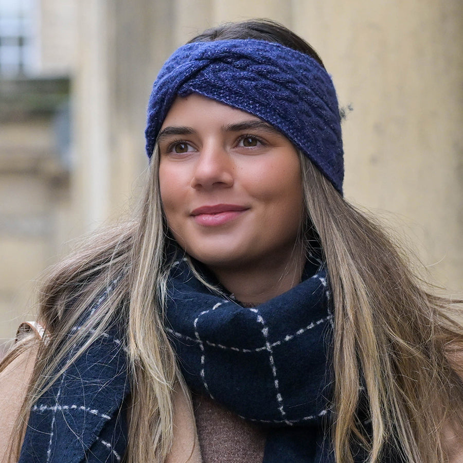 POM Navy blue recycled herringbone knot twist headband 40733