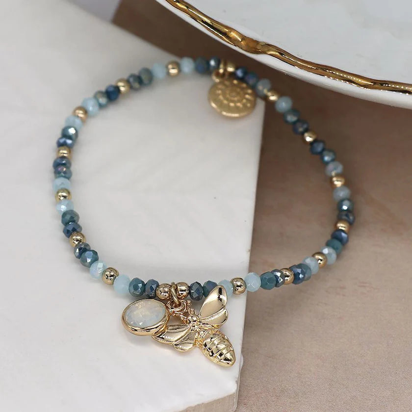 POM Peace Of Mind Aqua Crystal Bead Bracelet with Bee Charm 03621