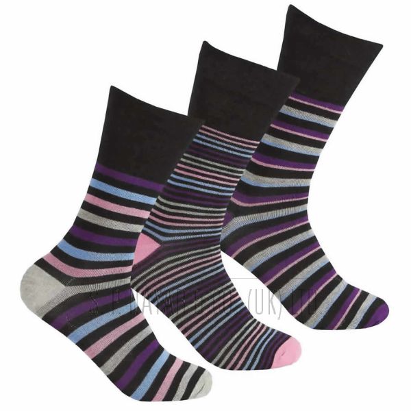 PANDA STICK LADIES 3 PAIR PACK BAMBOO NON ELASTIC GENTLE GRIP TOP STRIPE SOCKS