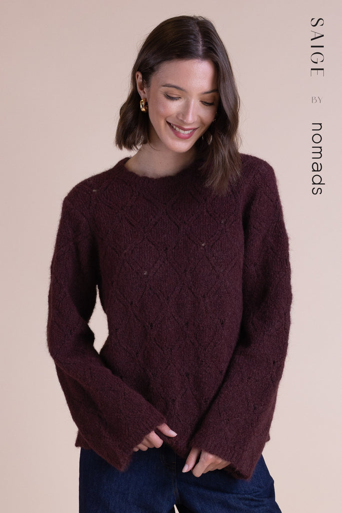 Saige By Nomads Keira Recycled Lace Knit Jumper Burgundy