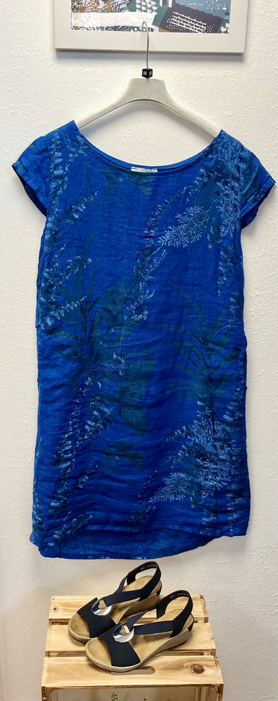 Tropical Print Linen Dress Royal Blue
