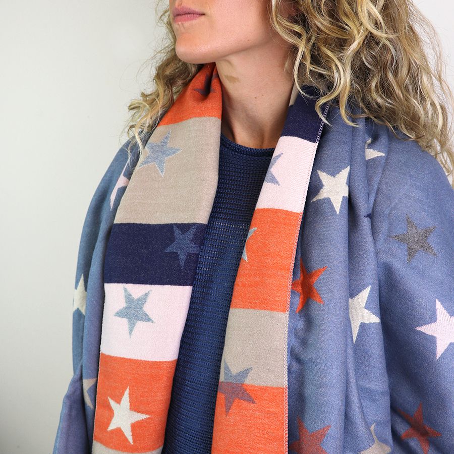 POM Blue and orange mix reversible star and stripe scarf 52451