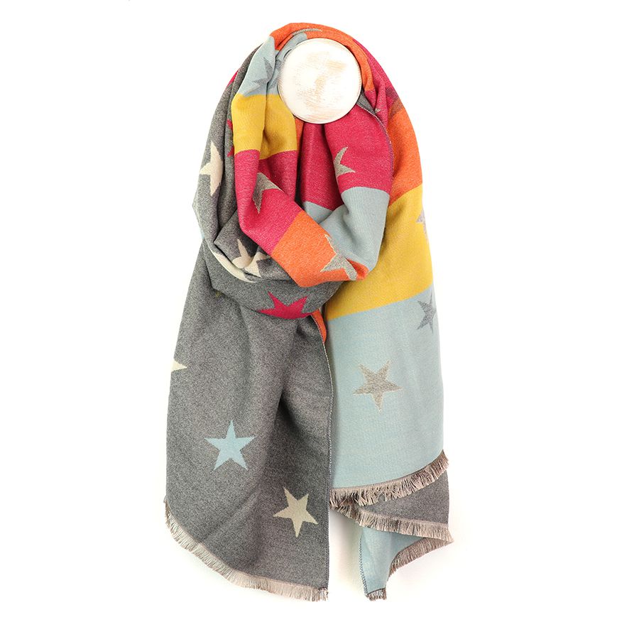 POM Grey and vibrant mix reversible star and stripe scarf 52452