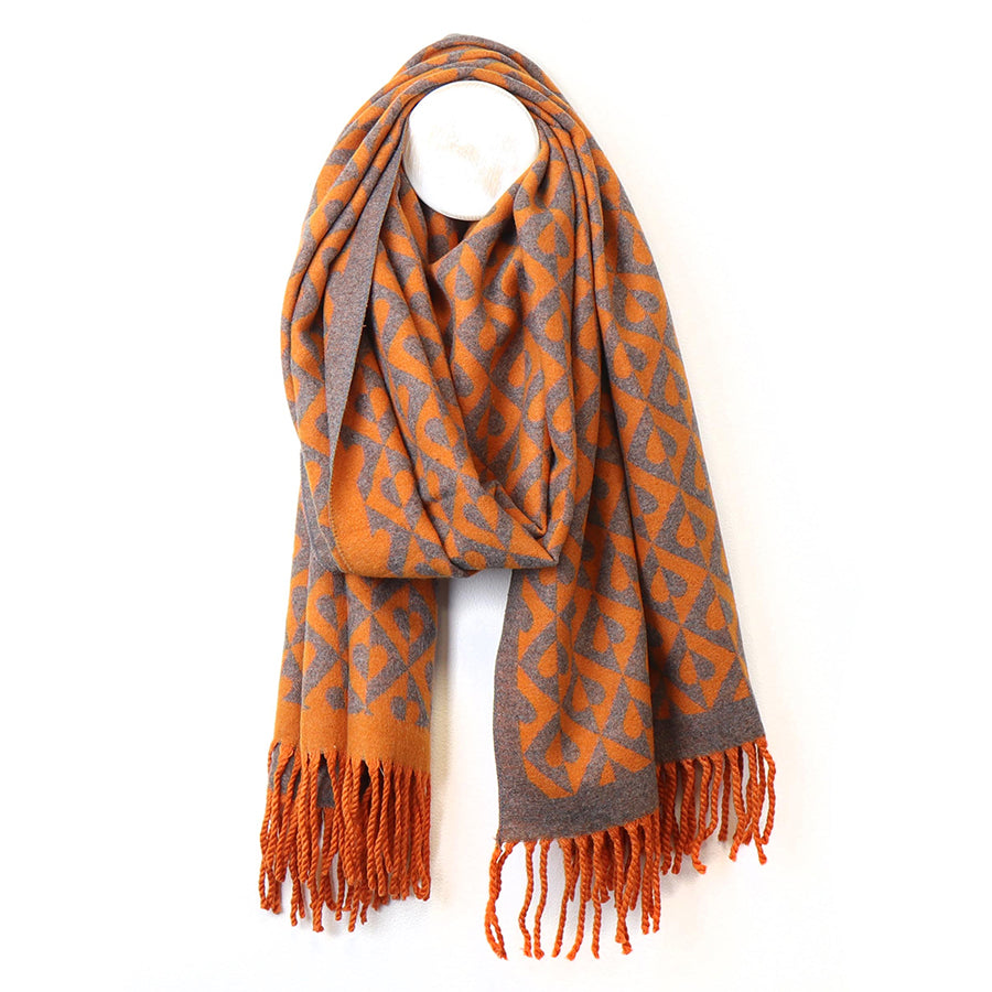 POM Orange mix geo heart jacquard scarf with tassels 52734