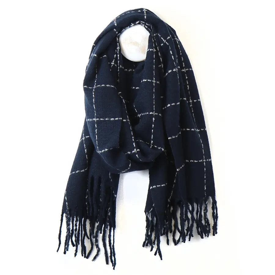 POM Navy running stitch check scarf 52788