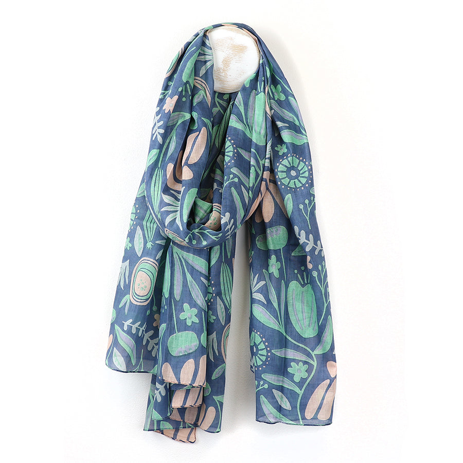 POM Organic cotton dusky teal abstract meadow print scarf 52881