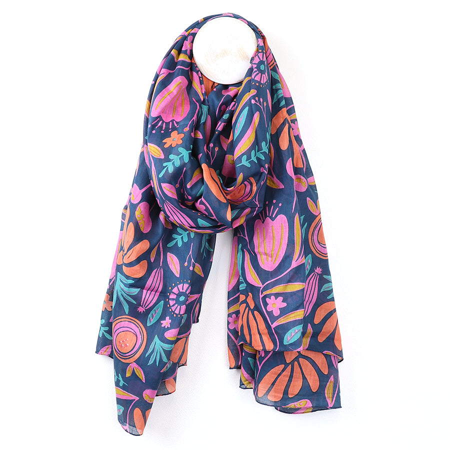 POM Organic cotton navy and bright abstract meadow print scarf 52882