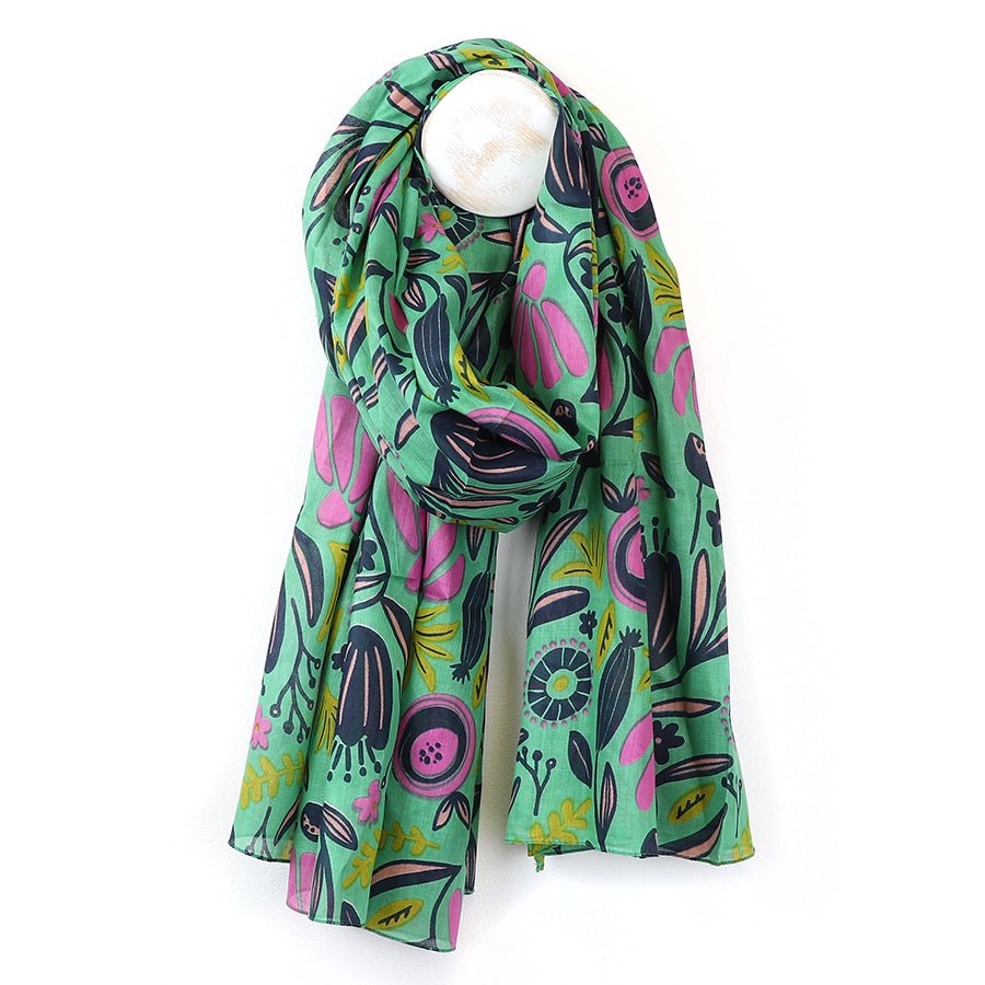 POM Organic cotton green mix abstract meadow print scarf 52883