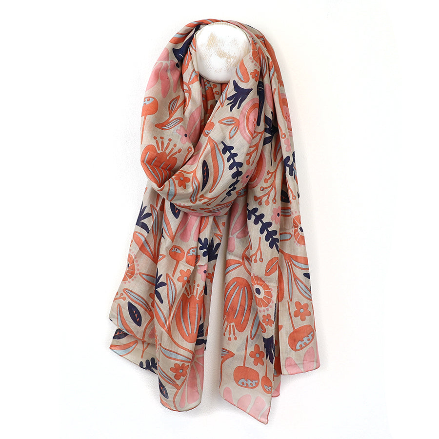 POM Organic cotton coral mix botanical print scarf 52885