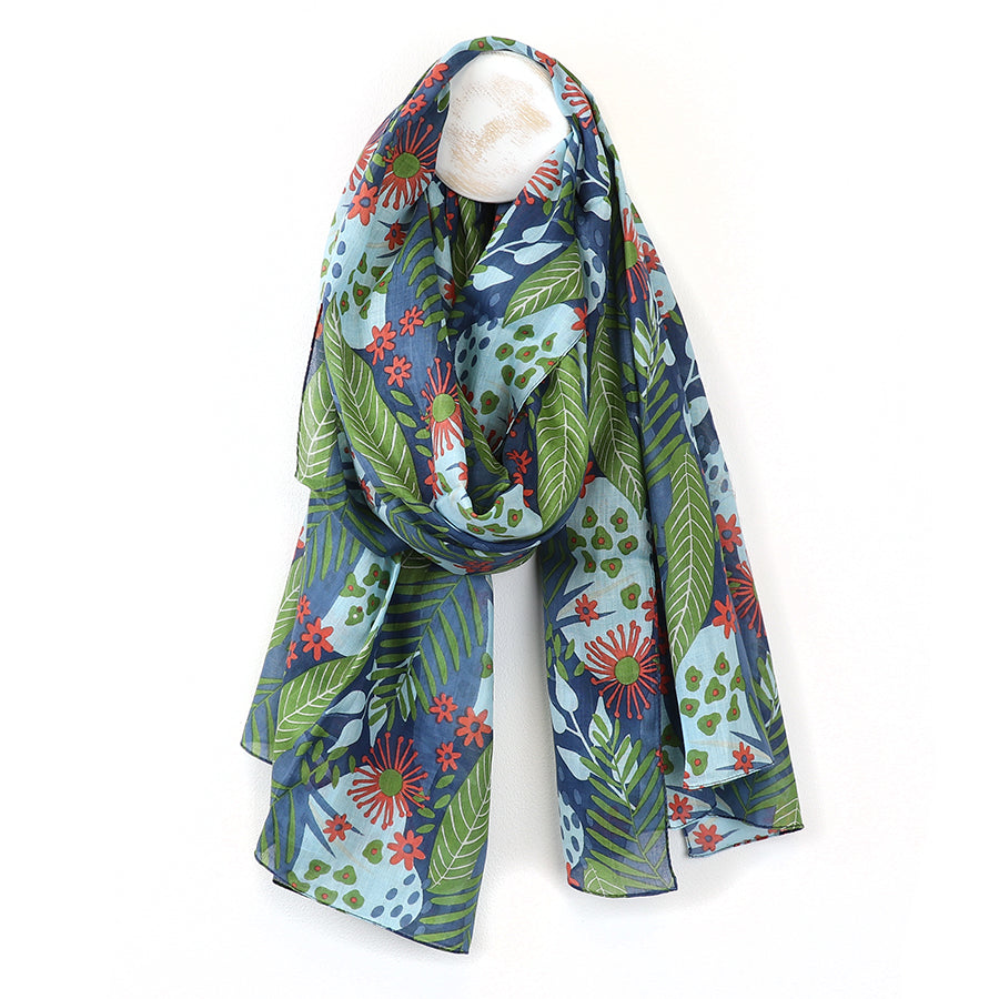 POM Organic cotton blue and green mix botanical print scarf 52886