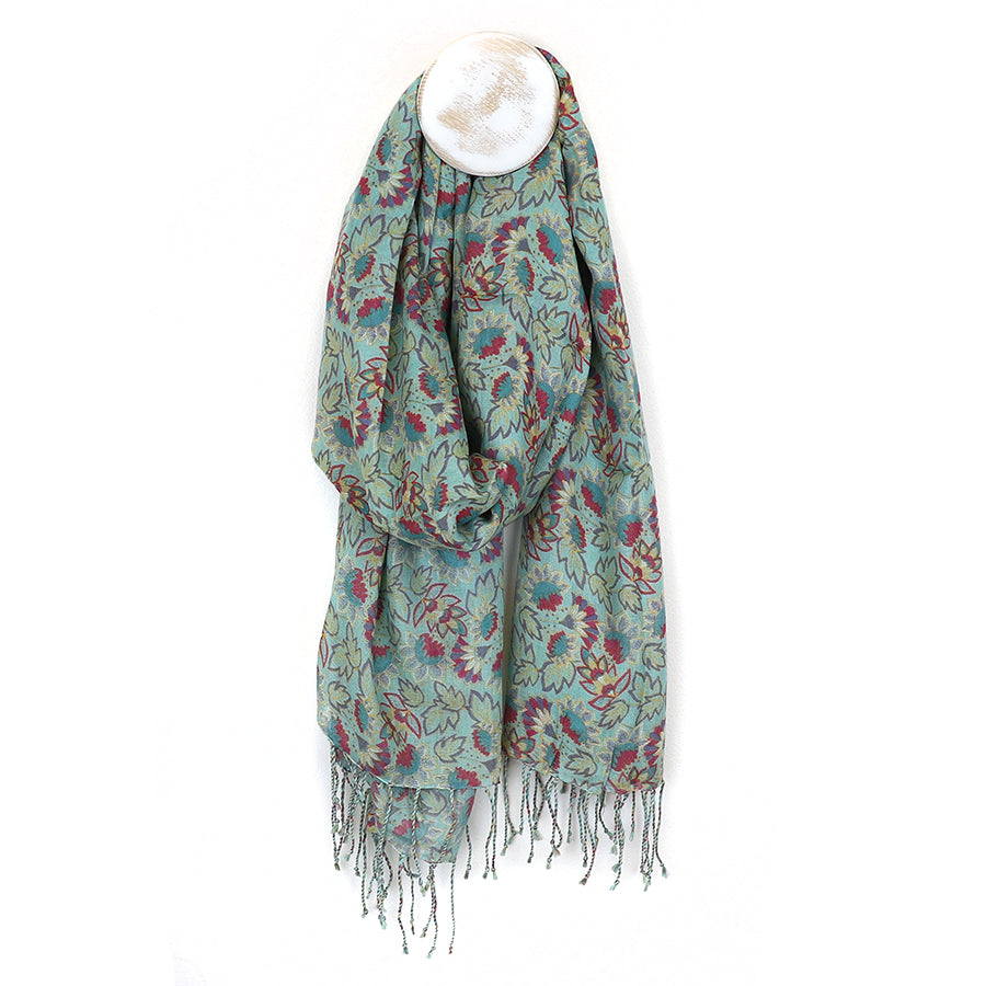 POM Soft turquoise romantic floral scarf with fringe 52901