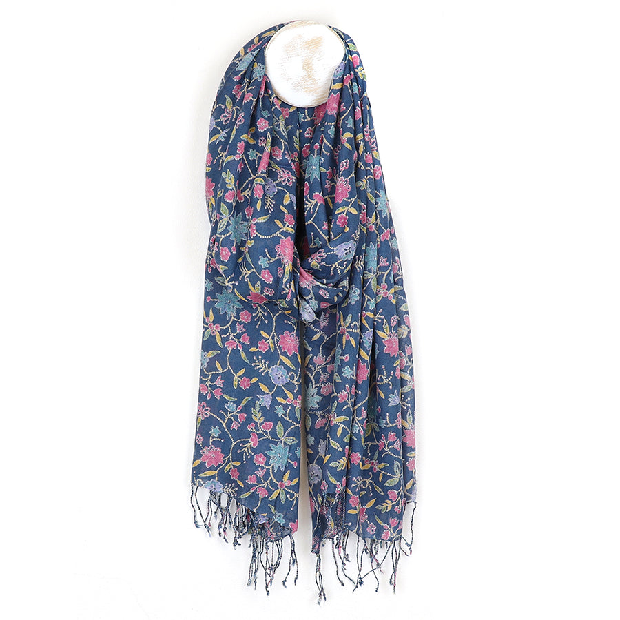 POM Blue mix floral vine print scarf with fringe 52907