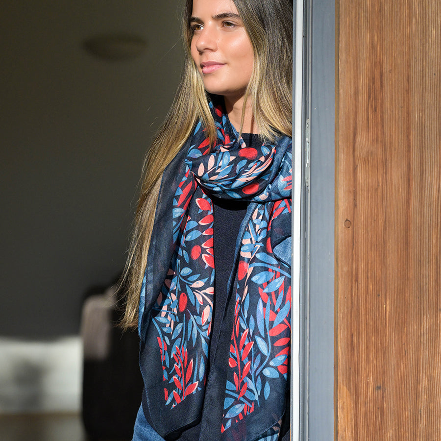 POM Layered Leaf Print Navy/Red Mix Scarf 52958