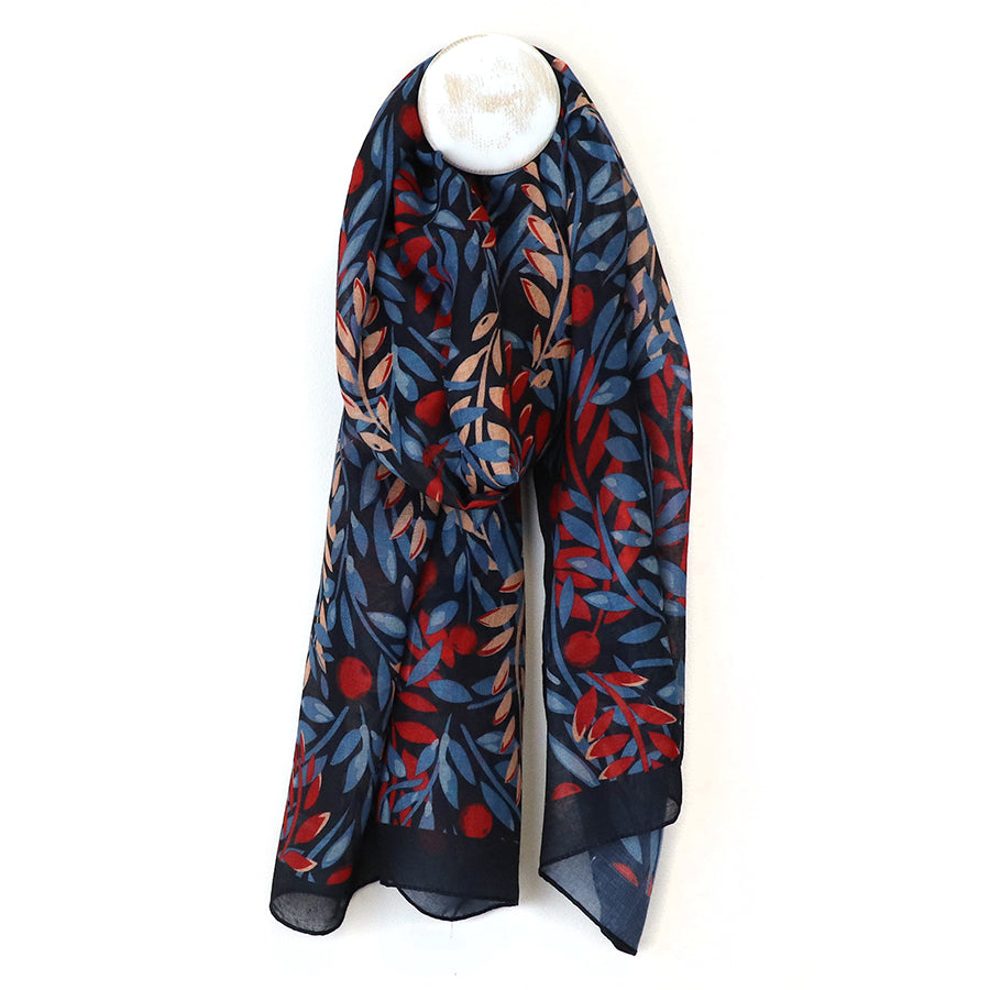 POM Layered Leaf Print Navy/Red Mix Scarf 52958