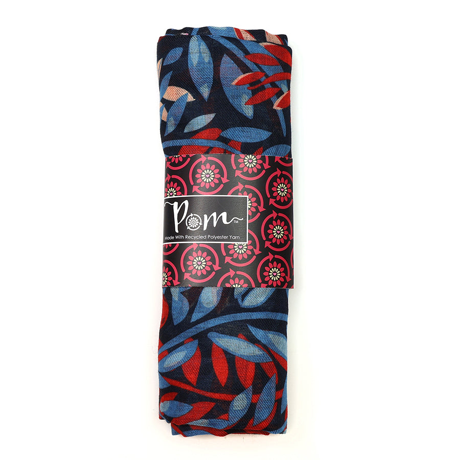 POM Layered Leaf Print Navy/Red Mix Scarf 52958