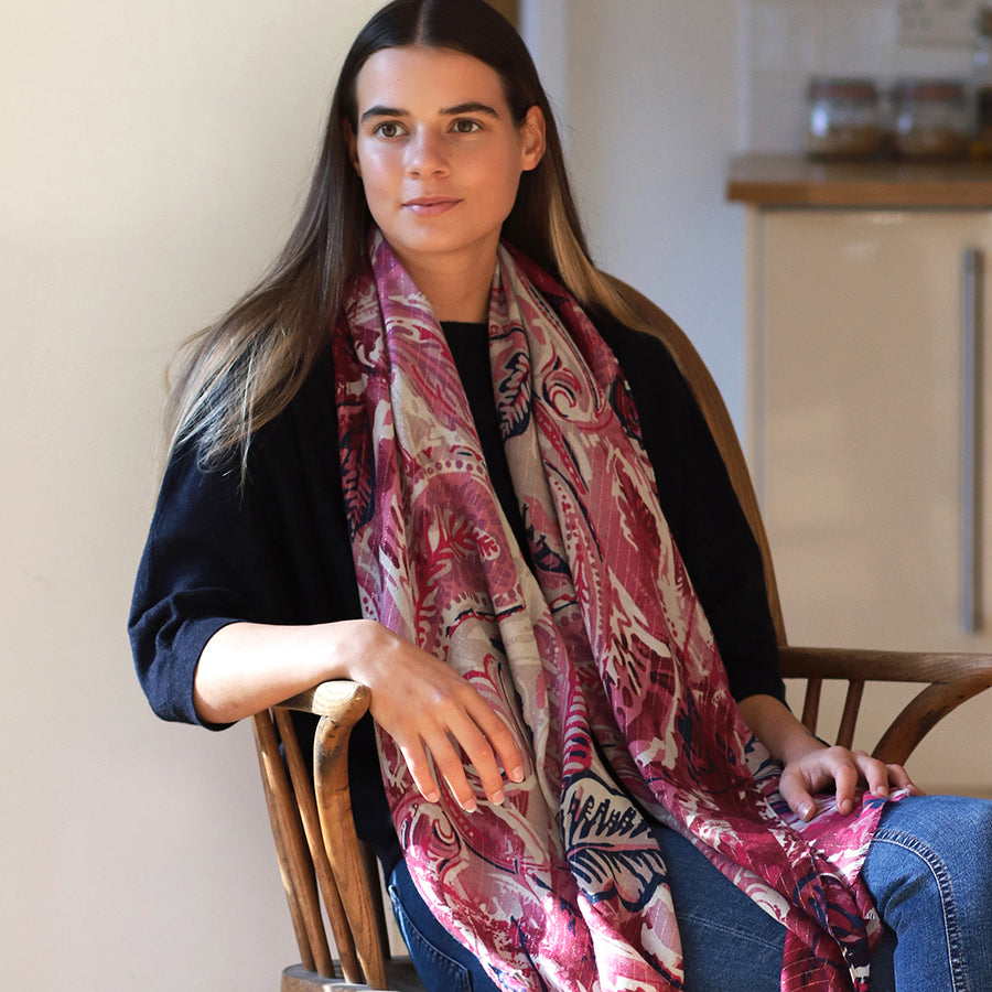 POM Paisley Leaf Print Raspberry Mix Scarf 52967