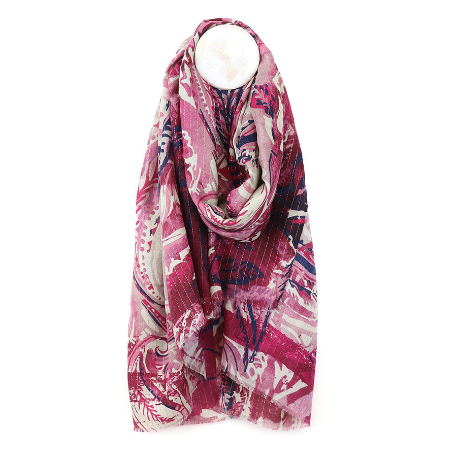 POM Paisley Leaf Print Raspberry Mix Scarf 52967