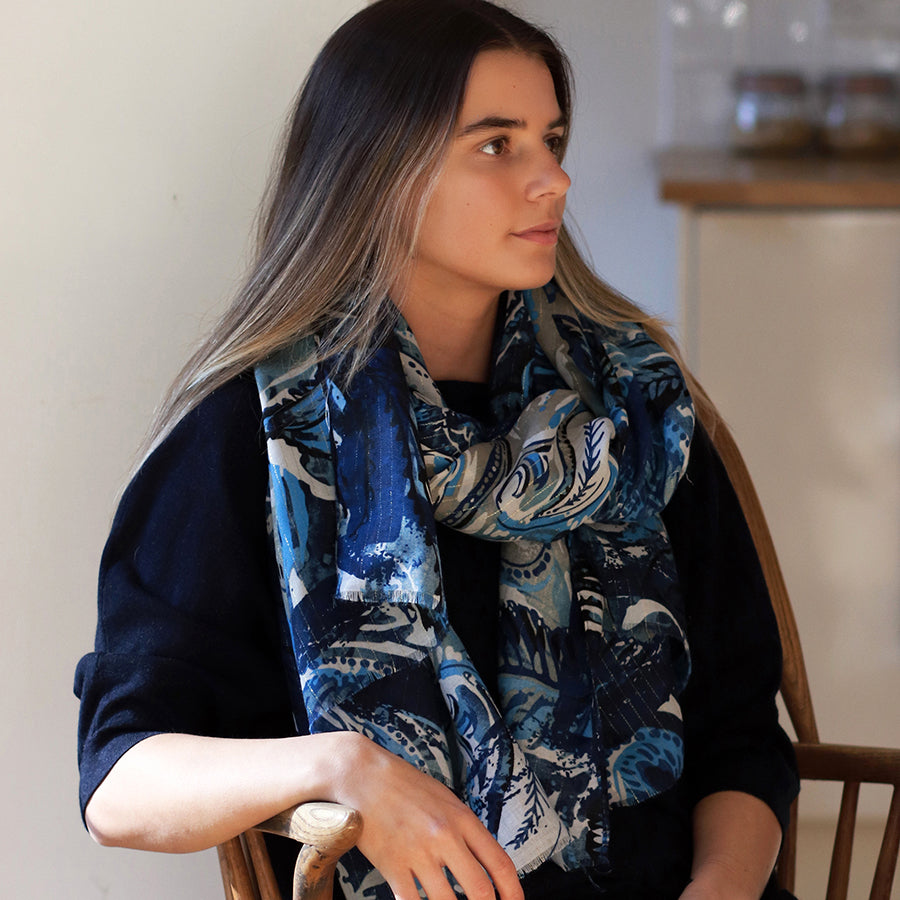 POM Paisley Leaf Print Blue Mix Scarf 52968