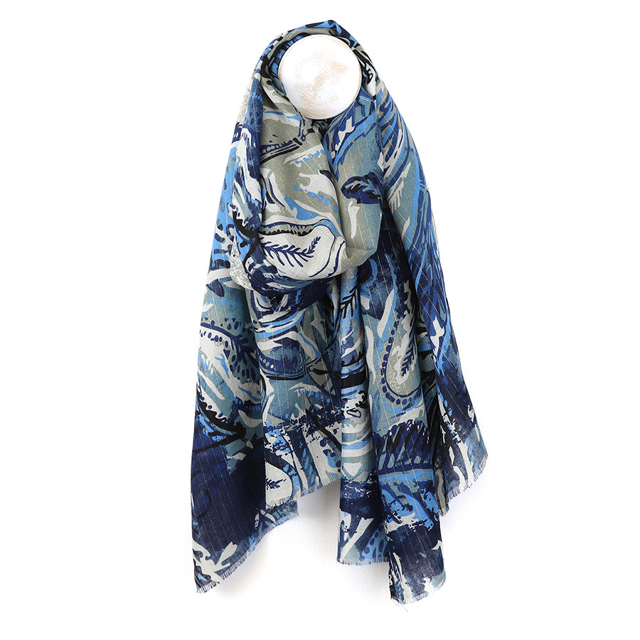 POM Paisley Leaf Print Blue Mix Scarf 52968