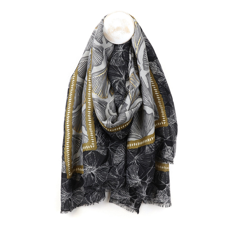 POM Ginkgo Leaf Print Grey/Gold Mix Scarf 52970