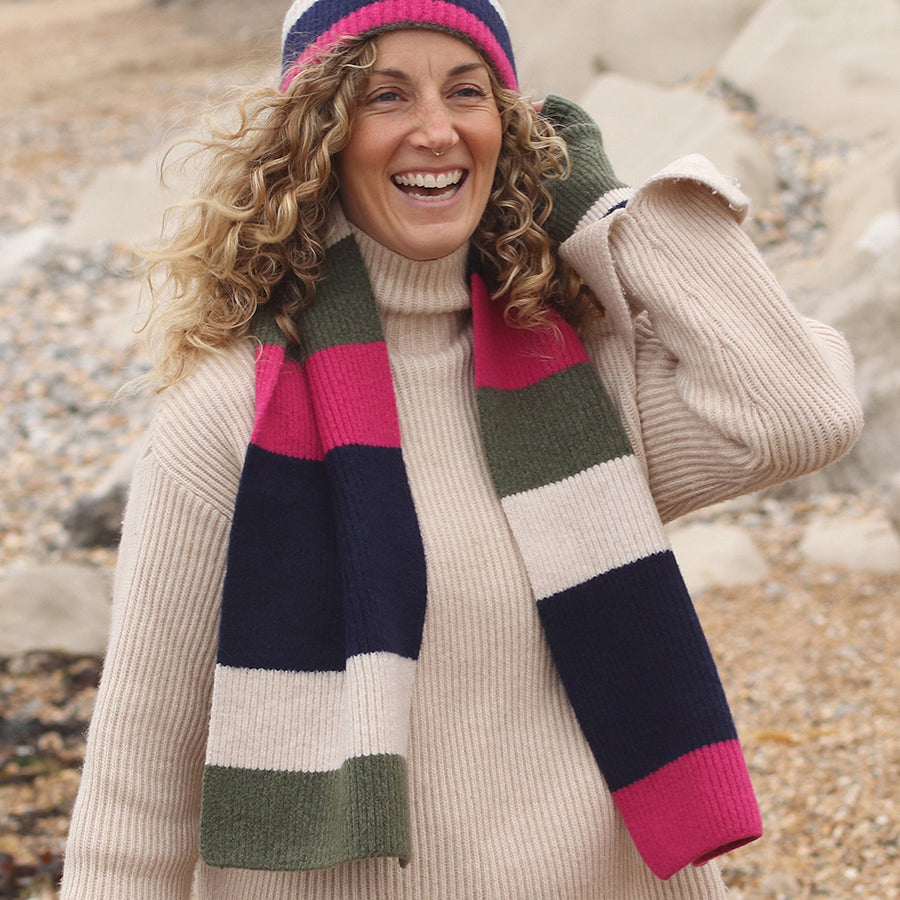 Pink, khaki, navy mix recycled blend stripe scarf 52985