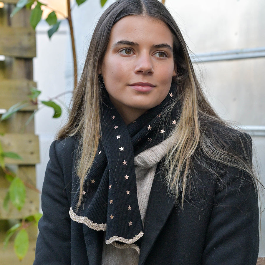 POM Fine Knit Black/Metallic Star Pull Through Scarf 53000