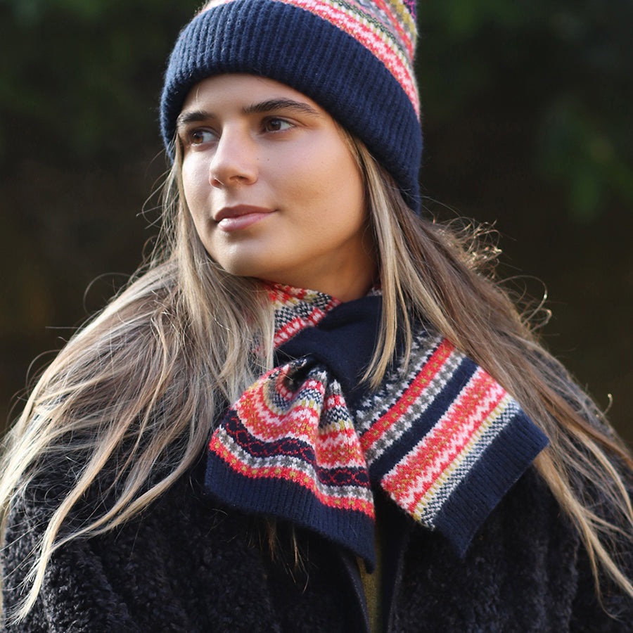POM Navy and rust mix recycled blend fair isle pull through scarf 53008