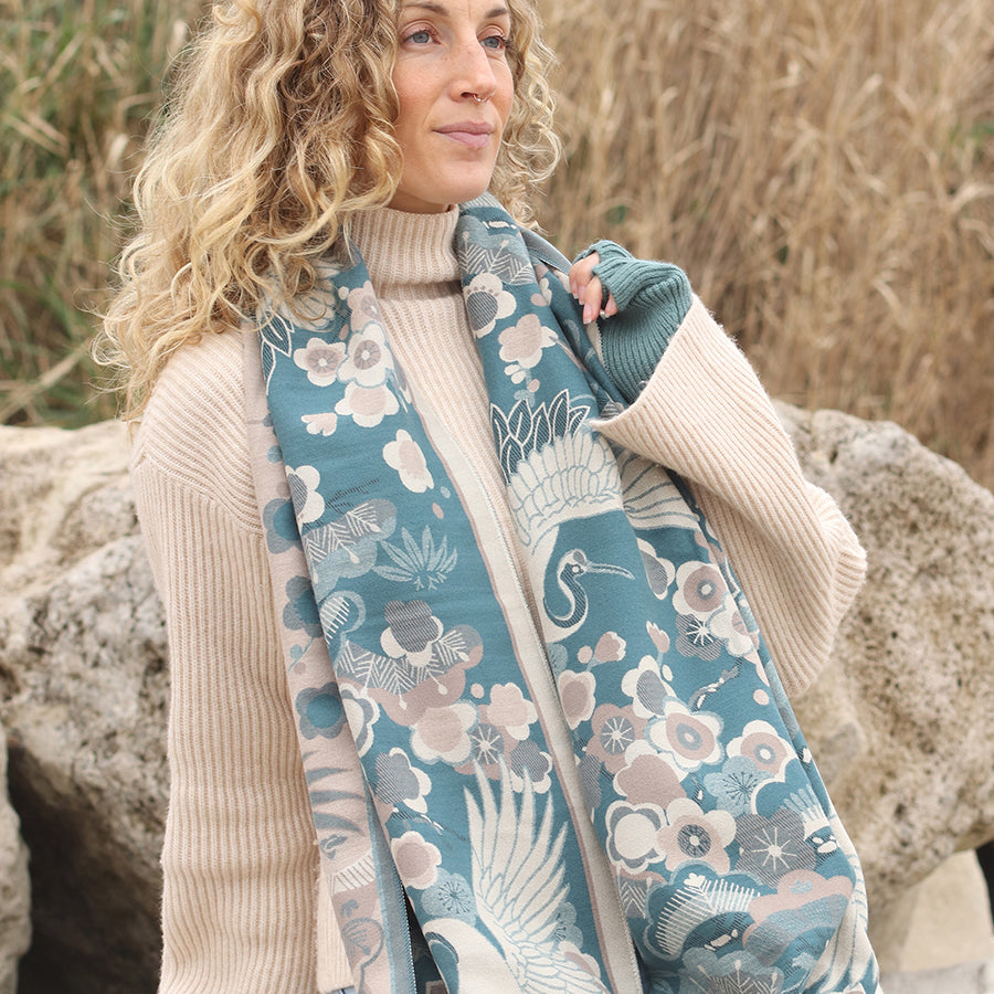 POM Teal blue crane and floral jacquard scarf 53051