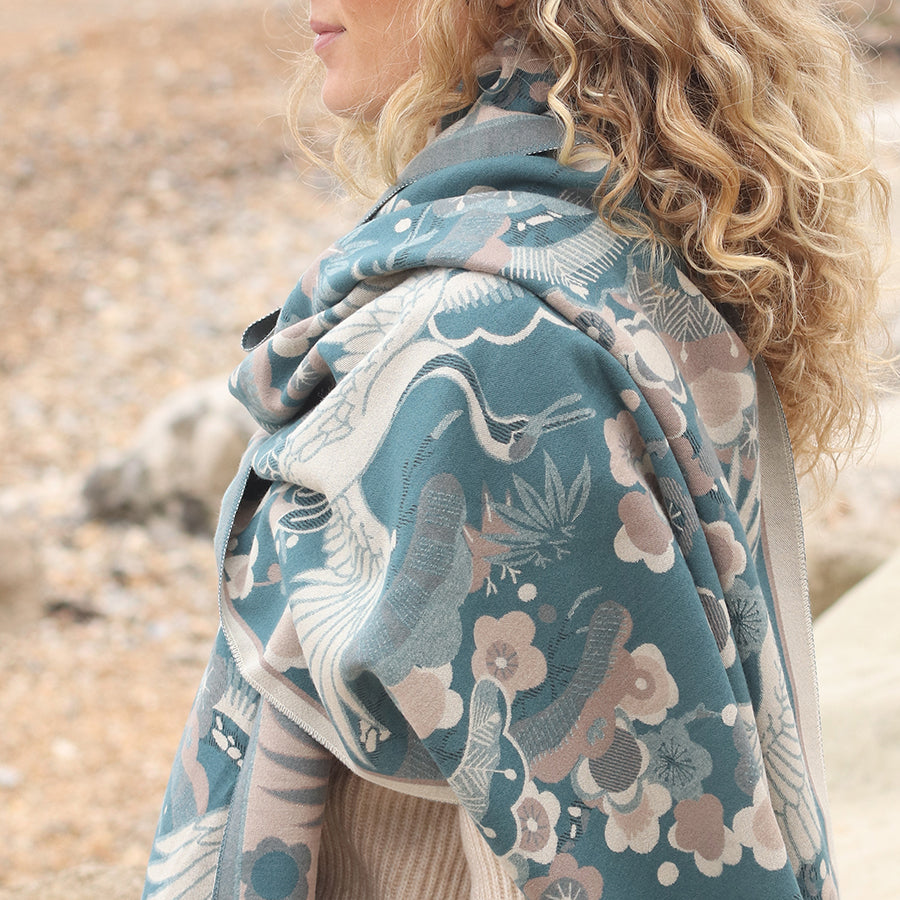POM Teal blue crane and floral jacquard scarf 53051