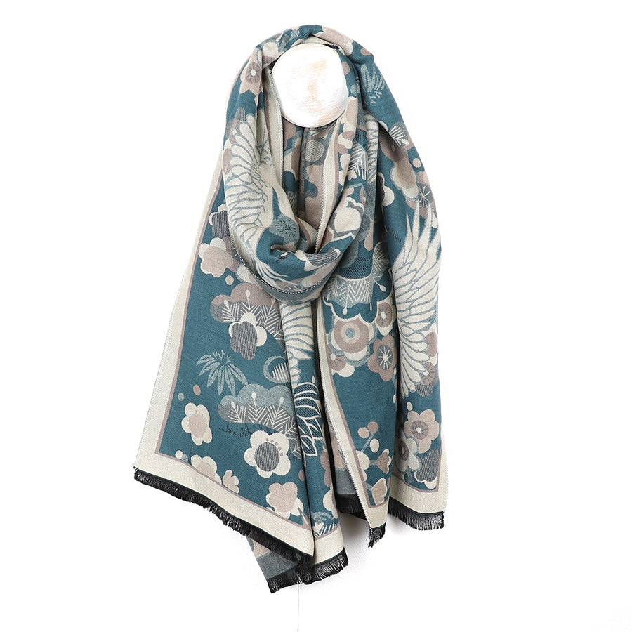 POM Teal blue crane and floral jacquard scarf 53051