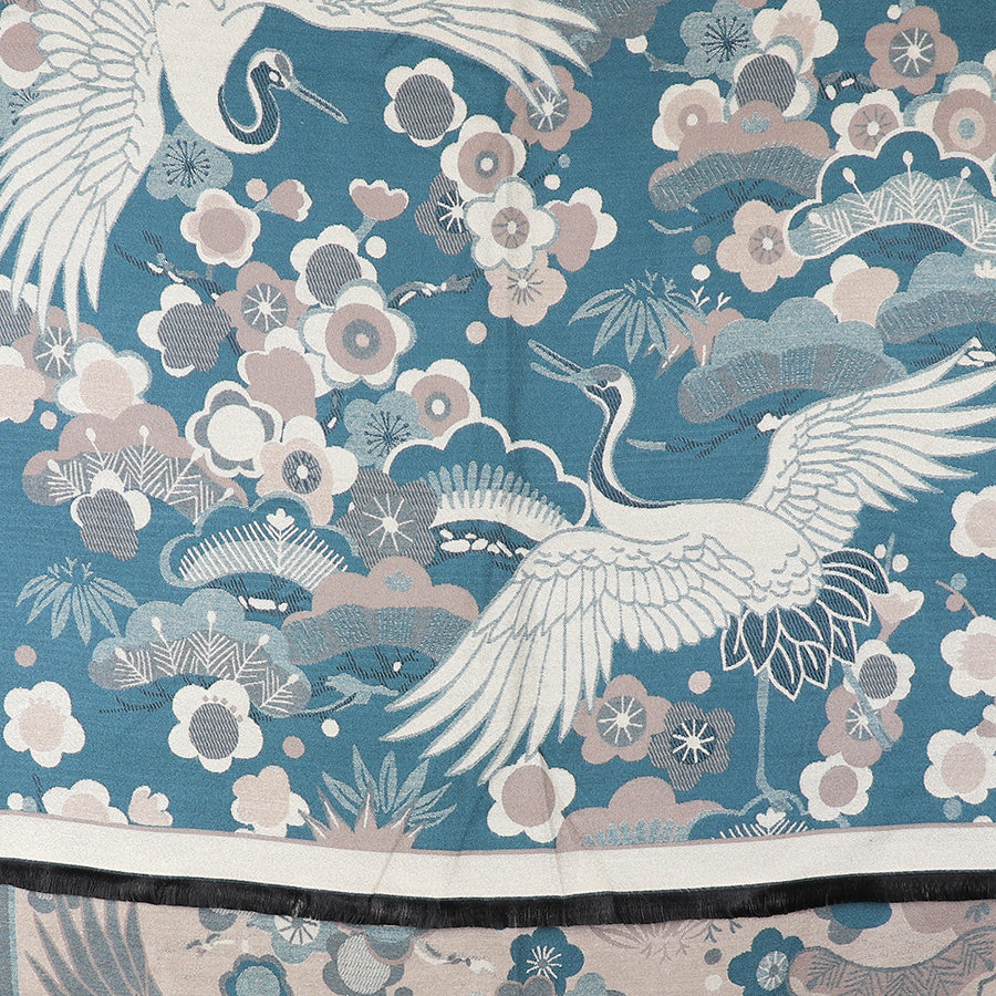 POM Teal blue crane and floral jacquard scarf 53051