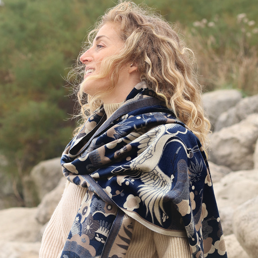 POM Navy blue crane and floral jacquard scarf 53052