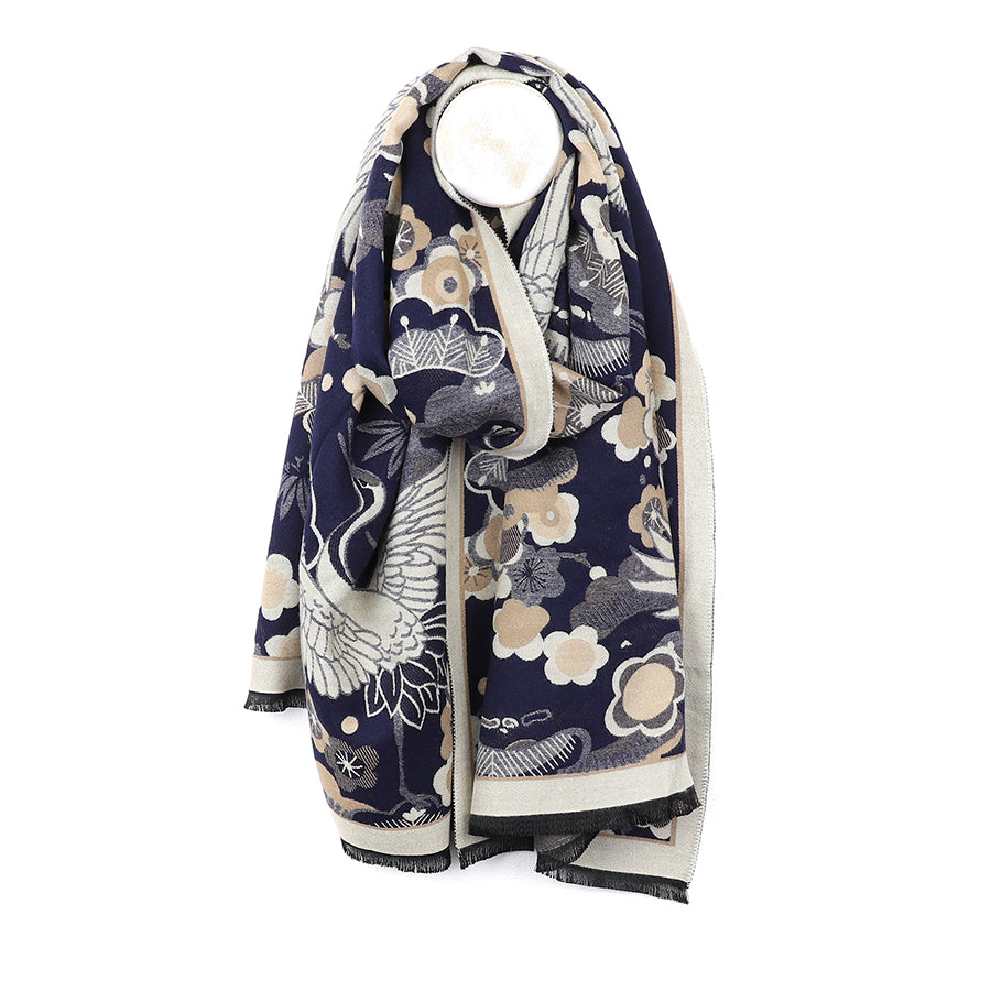 POM Navy blue crane and floral jacquard scarf 53052